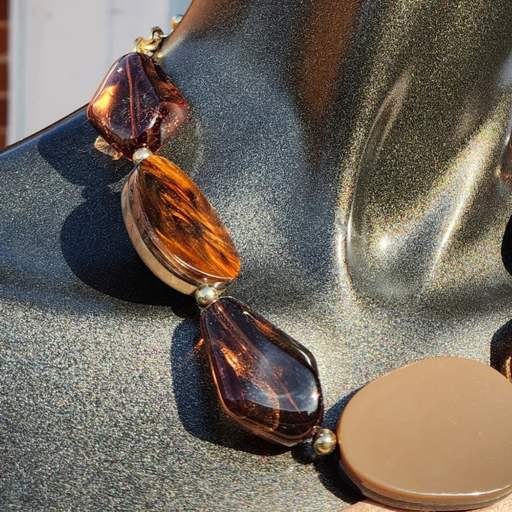 🤎Elegant Brown & Ambertone🤎 Statement Necklace with Earrings Set- Reversible. - Picture 3 of 16
